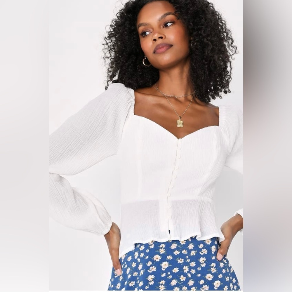 Lulu's White Sweetheart Neck Puff Sleeve Blouse